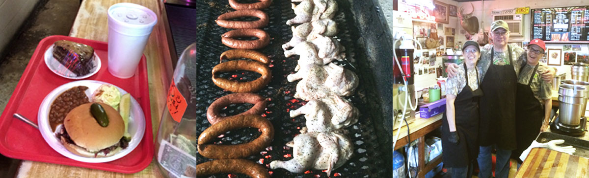 Sandwhich on a plate, Sausage and Chicken on the grill, three smiling employees.